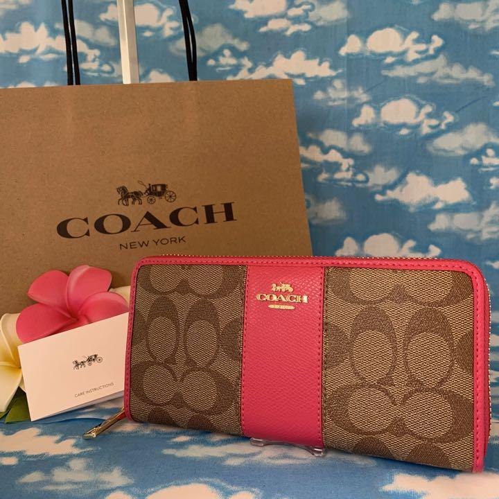 破格値下げ】 コーチ COACH シグネチャー ピンクストライプ 長財布