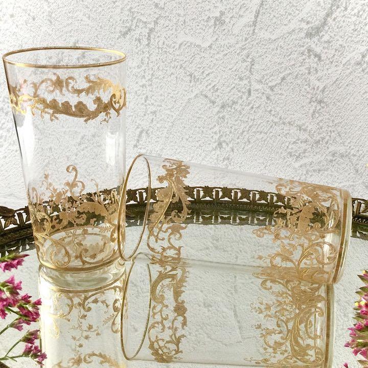 極希少☆美品 オールドサンルイ 金彩 ミカド タンブラー グラス ペア ★フランスアンティーク★バカラをお探しの方にも★_画像2
