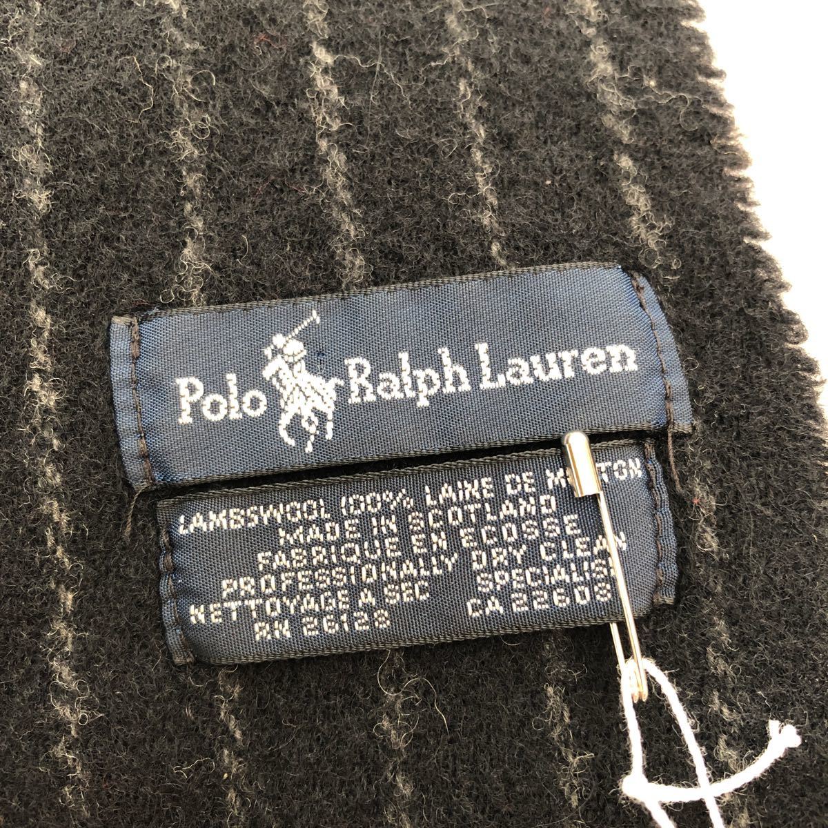 (k) Ralph Lauren ラルフローレン ストライプ マフラー スコットランド製 黒 ブラック ウール100%_画像7