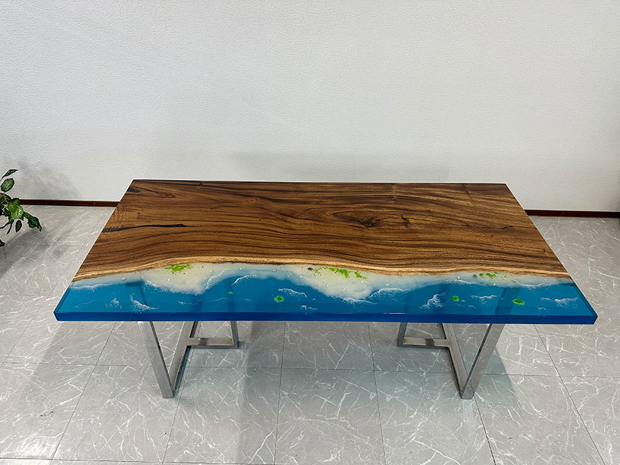 レジンテーブル ダイニングテーブル 幅180cm 蓄光 夜光 海 海岸 光る 41215-I 座卓可 エポキシ樹脂 一枚板 一点モノ 開梱設置送料無料_画像4