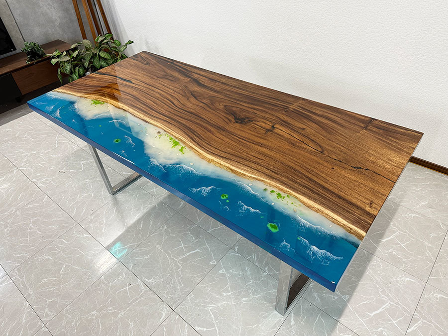 レジンテーブル ダイニングテーブル 幅180cm 蓄光 夜光 海 海岸 光る 41215-I 座卓可 エポキシ樹脂 一枚板 一点モノ 開梱設置送料無料_画像5