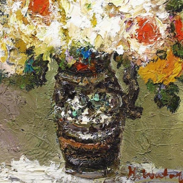 真筆】渡部ひでき作 油絵『薔薇』 油彩 厚塗り画の迫力 額縁付 静物画