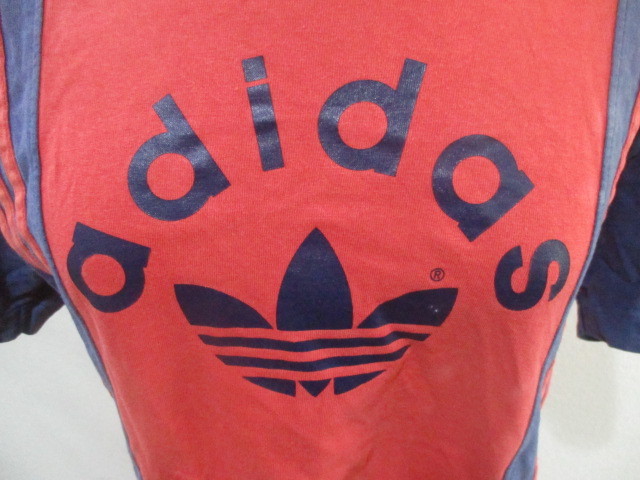 adidas アディダス Tシャツ トレフォイル バックロゴプリント S-Mサイズ デサント 日本製 レッドXネイビーカラー ヴィンテージ_画像4