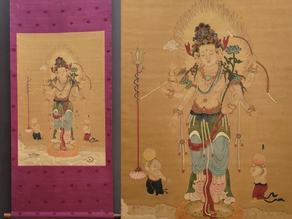 古びた蔵 中国書画 唐代画家『呉道子 仏道人物図 肉筆絹本』真作