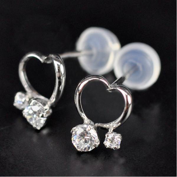 K10 white gold earrings Open Heart earrings Cubic Zirconia CZ K10WG 10 gold 10K silicon catch attaching 