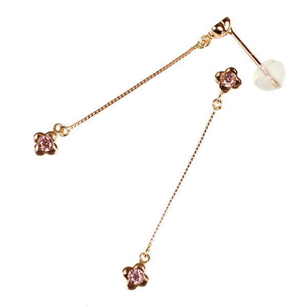  long earrings K10PG pink gold Cubic Zirconia flower stud silicon catch both ear for lady's jewelry 
