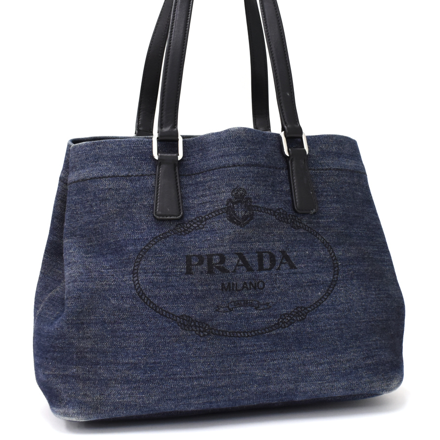 1点限定 プラダ トート ショルダーバッグ 1BG356 デニム レザー ネイビー×ブラック レディース PRADA