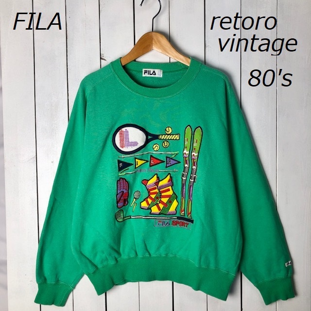 レトロ古着 80s FILA フィラ 刺繍ワッペン スウェット 緑 41 M程度 オールド ヴィンテージ レトロスウェット ●151_画像1