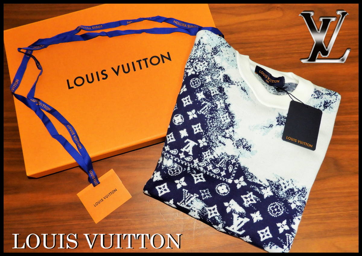 国内正規品 LOUIS VUITTON バンダナ クルーネック ニット ルイヴィトン ホワイト ネイビー メンズ S 極上美品 モノグラム LV  セーター