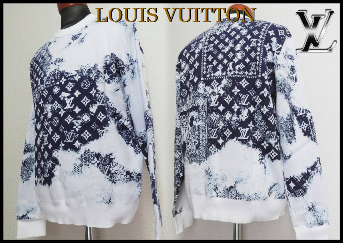 国内正規品 LOUIS VUITTON バンダナ クルーネック ニット ルイヴィトン ホワイト ネイビー メンズ S 極上美品 モノグラム LV  セーター