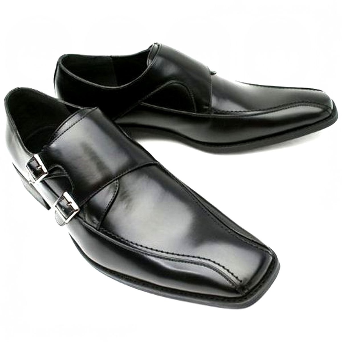 黒 25cm お手入れ簡単 雨に強い合皮ビジネスシューズ ダブルモンク紳士靴 ゆったり幅広 某有名靴メーカー同工場制作 本州送料無料 U2463_画像2