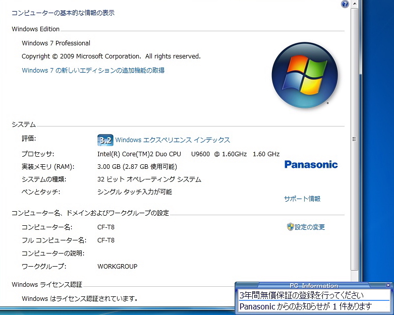 売れ筋がひ贈り物！ Panasonic Let's #0406 訳有品 32ビット Pro U9600