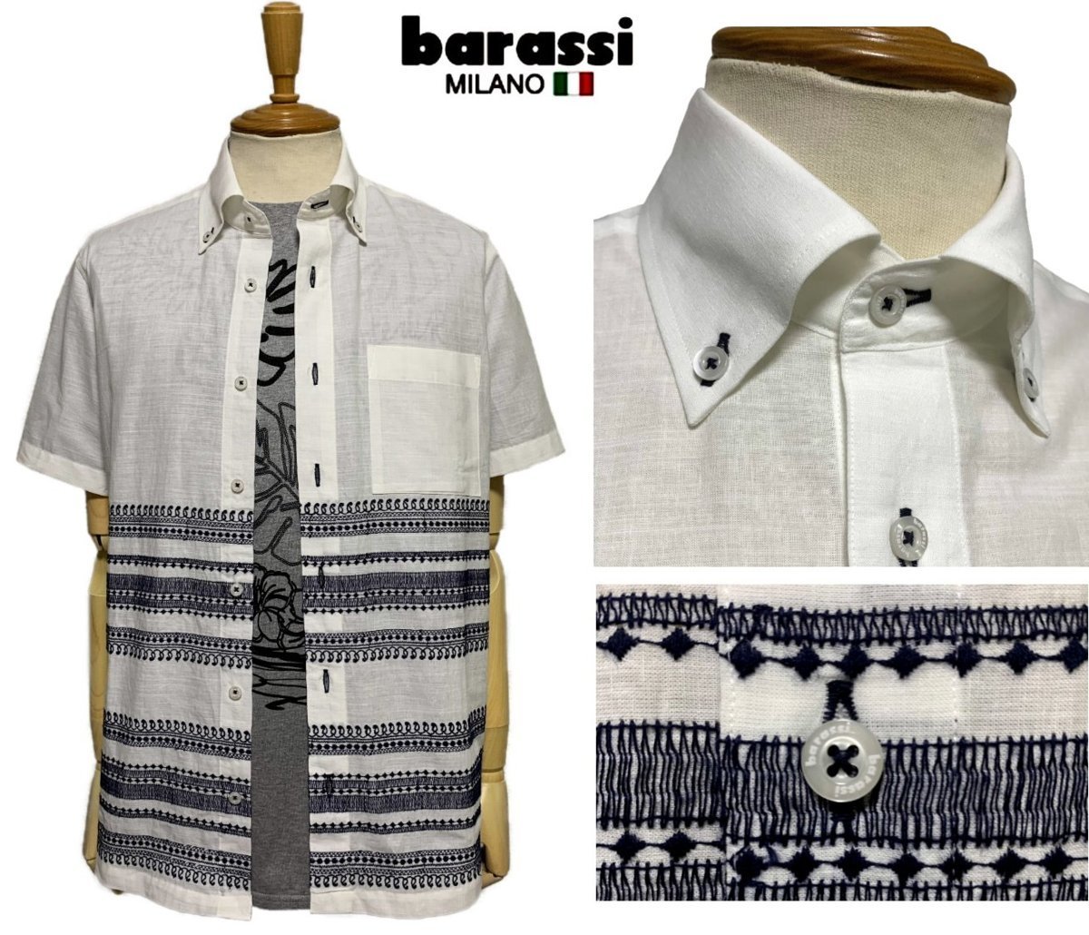 barassi バラシ　清涼 綿麻　エスニック 刺繍 半袖ボタンダウンシャツ　白　size46　M_画像1