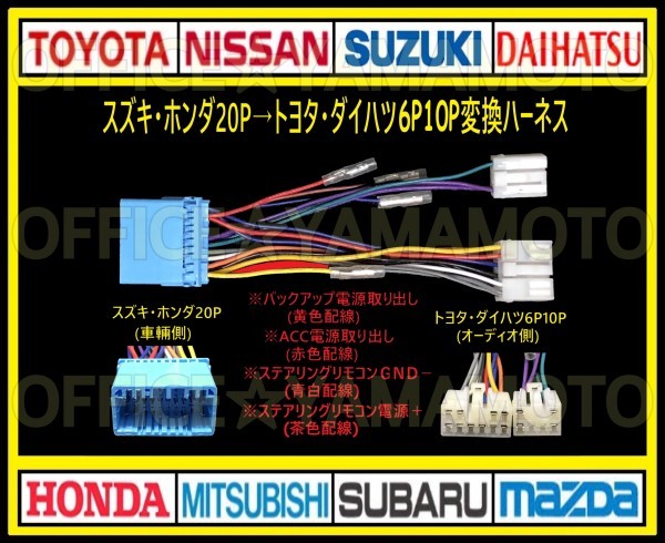スズキ・ホンダ20P→トヨタ・ダイハツ 6P10P オーディオ ナビ 変換ハーネス コネクタ カプラ 電源取出し ステアリングリモコン接続可能 aの画像1