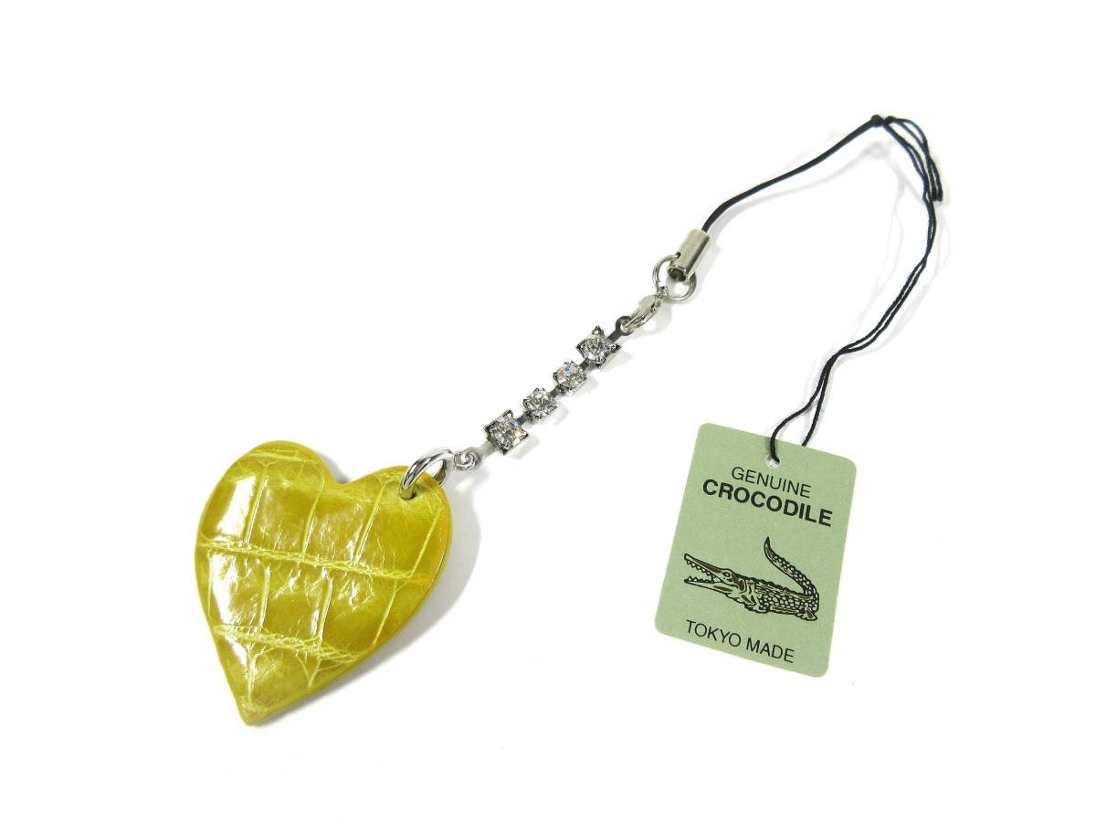  дешевый старт ① подлинный товар крокодил 4P стразы есть Heart type ремешок для мобильного телефона сияющий желтый сделано в Японии не использовался товар 