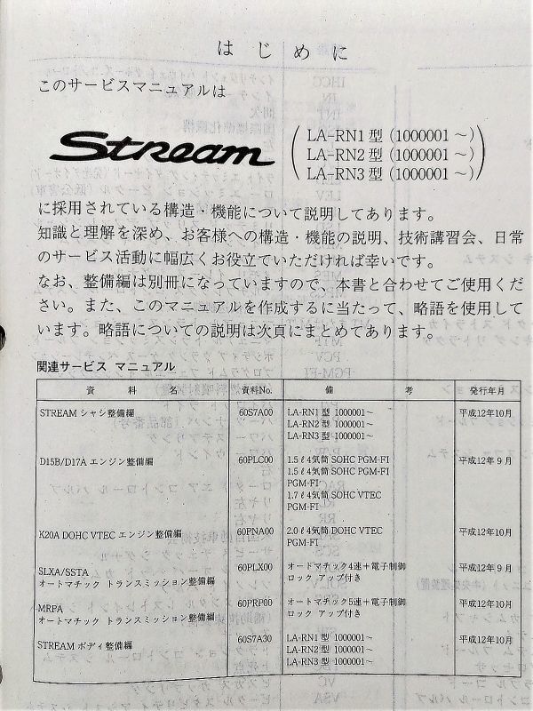 ★★★ストリーム　RN1/RN2/RN3　サービスマニュアル　構造編　00.10★★★_全体的にヤケによる変色があります。