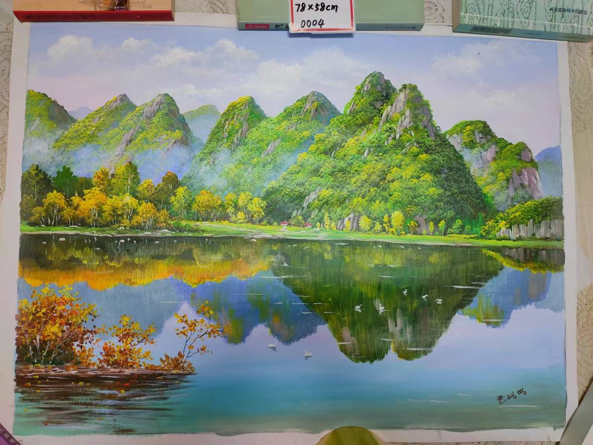 ★ 朝鮮ー級画家 風景油画 湖泊78X58cm