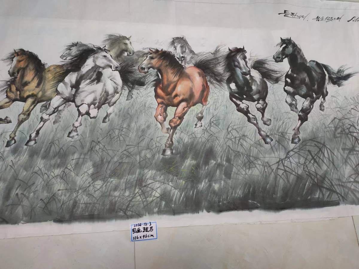 朝鮮の一級画家 水墨画 水彩 動物画 馬 八駿図 236X96cm 正規取扱店 37