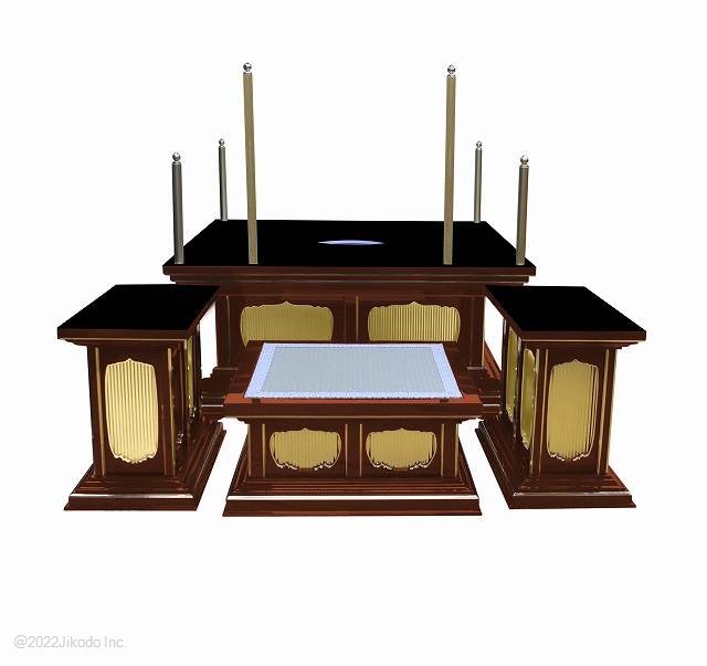 【寺院仏具】朱塗り 高級護摩壇3.5尺 脇机2台(天板に60cm角ステンレスプレート付)自社工場制作木製仏具(受注生産品)(商品番号10224s)_画像7