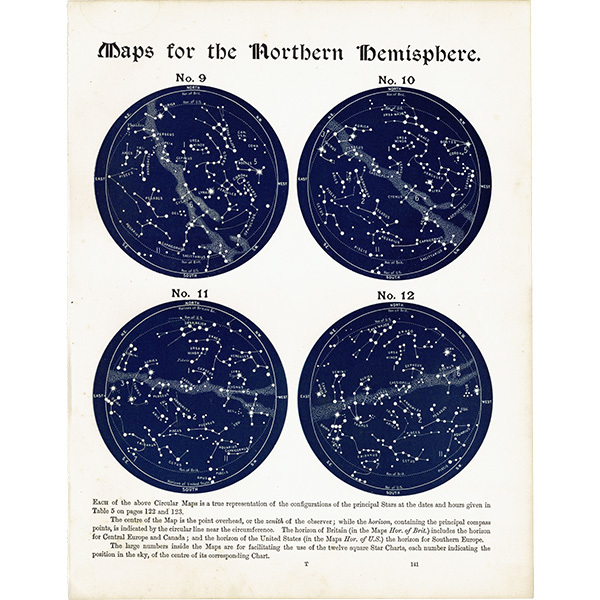 【天文学】 天体図 北半球 星座マップ Map for the Northern Hemisphere No.9～No.12 1890年 イギリス アンティーク プリント | 0096