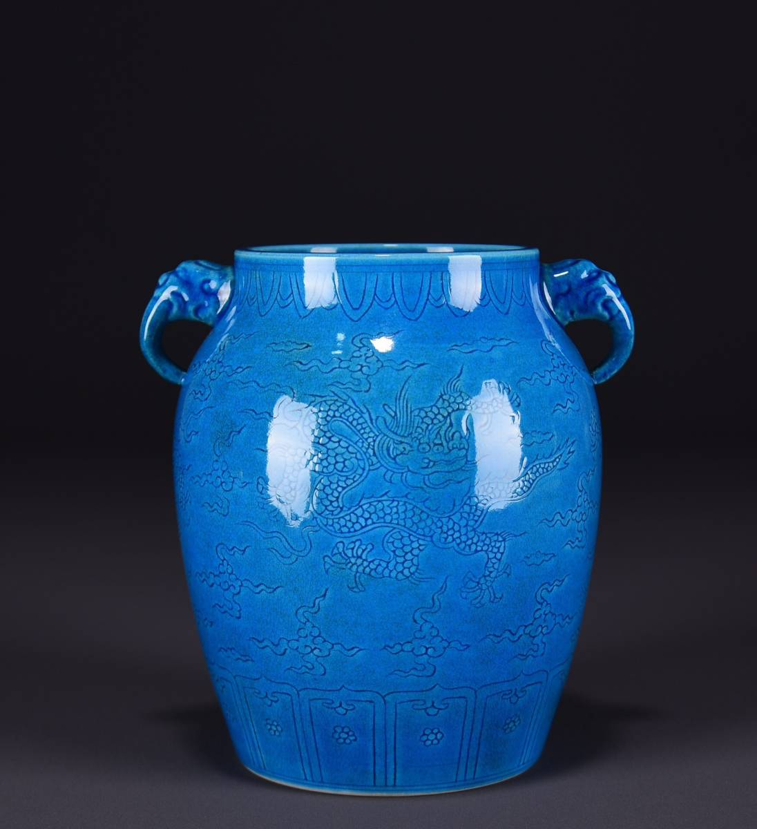 蔵友館蔵品・明・弘治年製款・古陶瓷品・藍釉・龍紋・雙耳罐】希少珍品