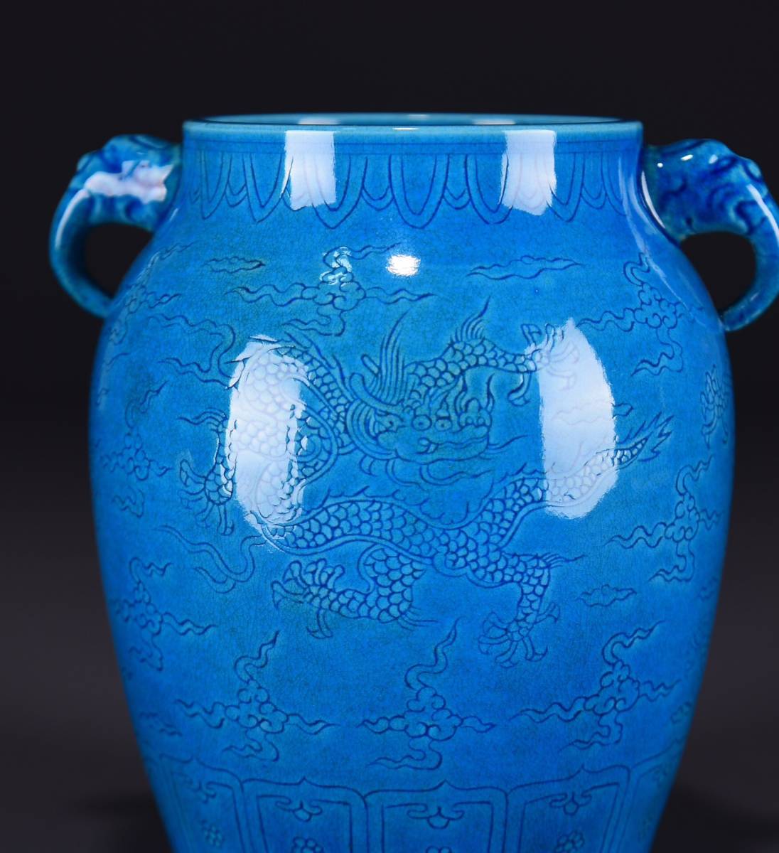 蔵友館蔵品・明・弘治年製款・古陶瓷品・藍釉・龍紋・雙耳罐】希少珍品