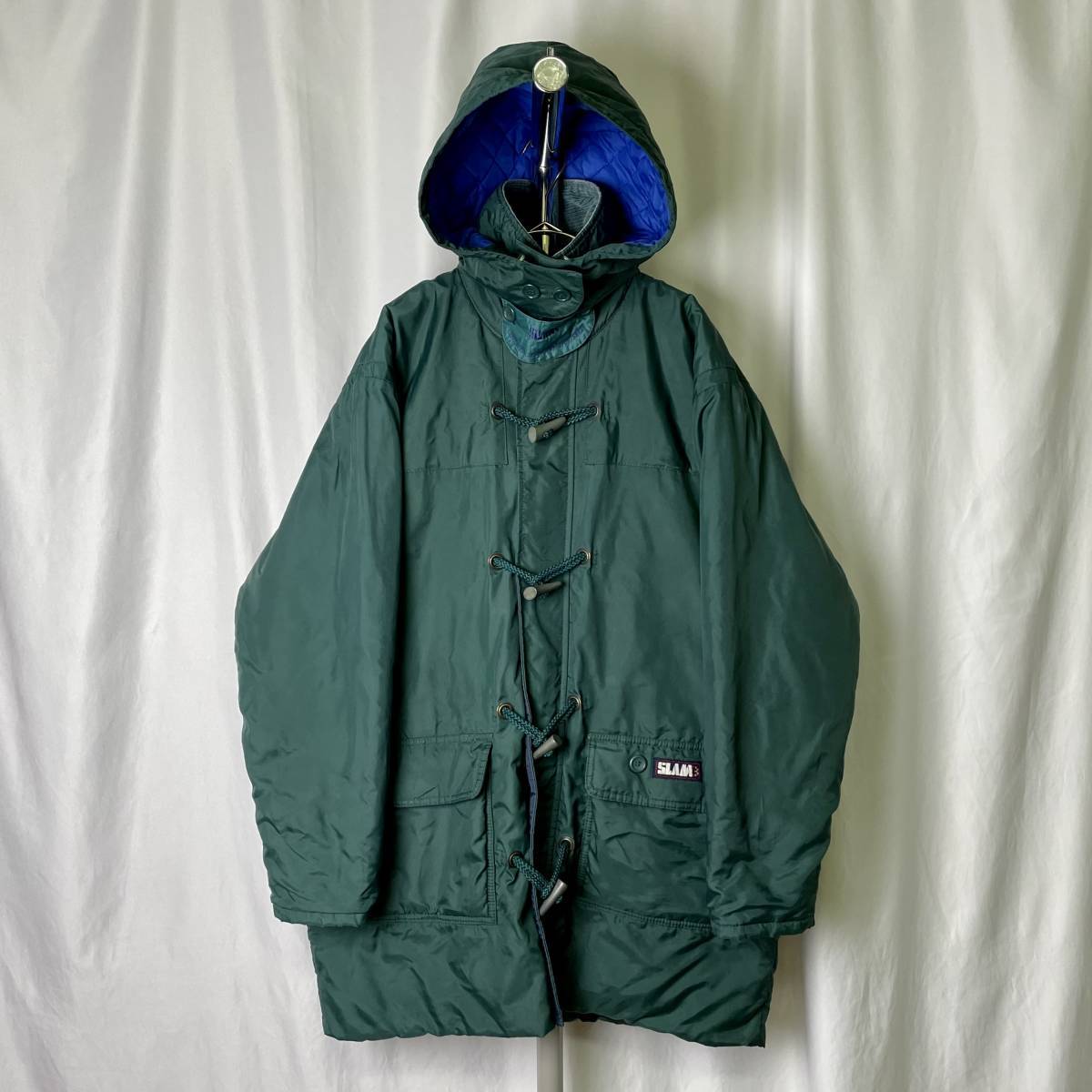 90s SLAM nylon duffle coat L big size green × blue cotton inside PVC half Parker 80s 00s old clothes Old Vintage 