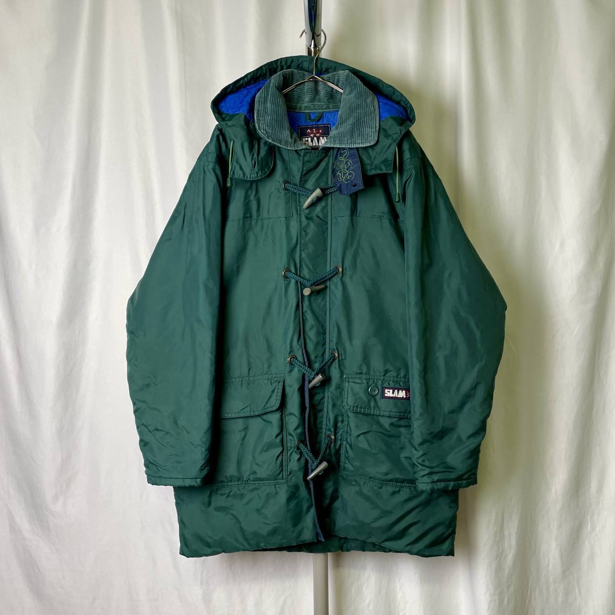 90s SLAM nylon duffle coat L big size green × blue cotton inside PVC half Parker 80s 00s old clothes Old Vintage 