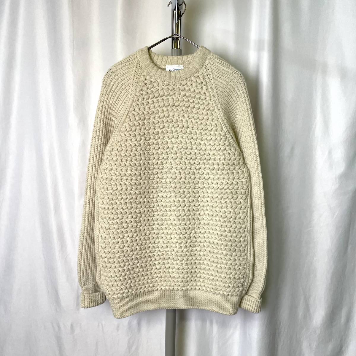 イングランド製 Lakeland Knitwear アラン ニット フィッシャーマン ウール セーター M-L アイボリー 70s 80s 古着 オールド ビンテージ