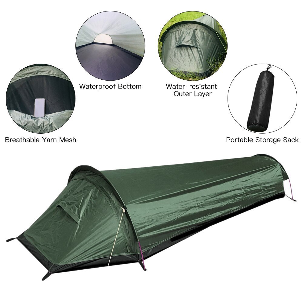 一人用寝袋テント バックパック アーミーグリーン 旅行・キャンプ・ハイキングに 屋外 軽量 サバイバル 防風防雨