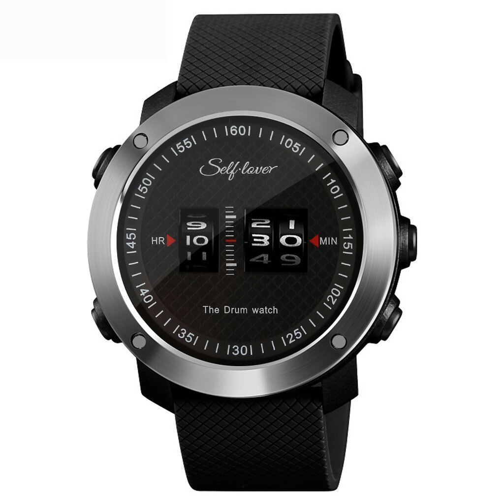 メンズ腕時計 ファッション 新しい デザイン スポーツ 時計 ドラムロール ユニーク ローリング タイム ラバー シリコーン Black