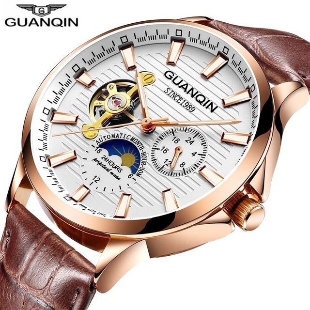 腕時計 メンズ GUANQIN 高級海外ブランド ムーンフェイズ 本革 レザー スケルトン 自動巻き ローズゴールドブラウン
