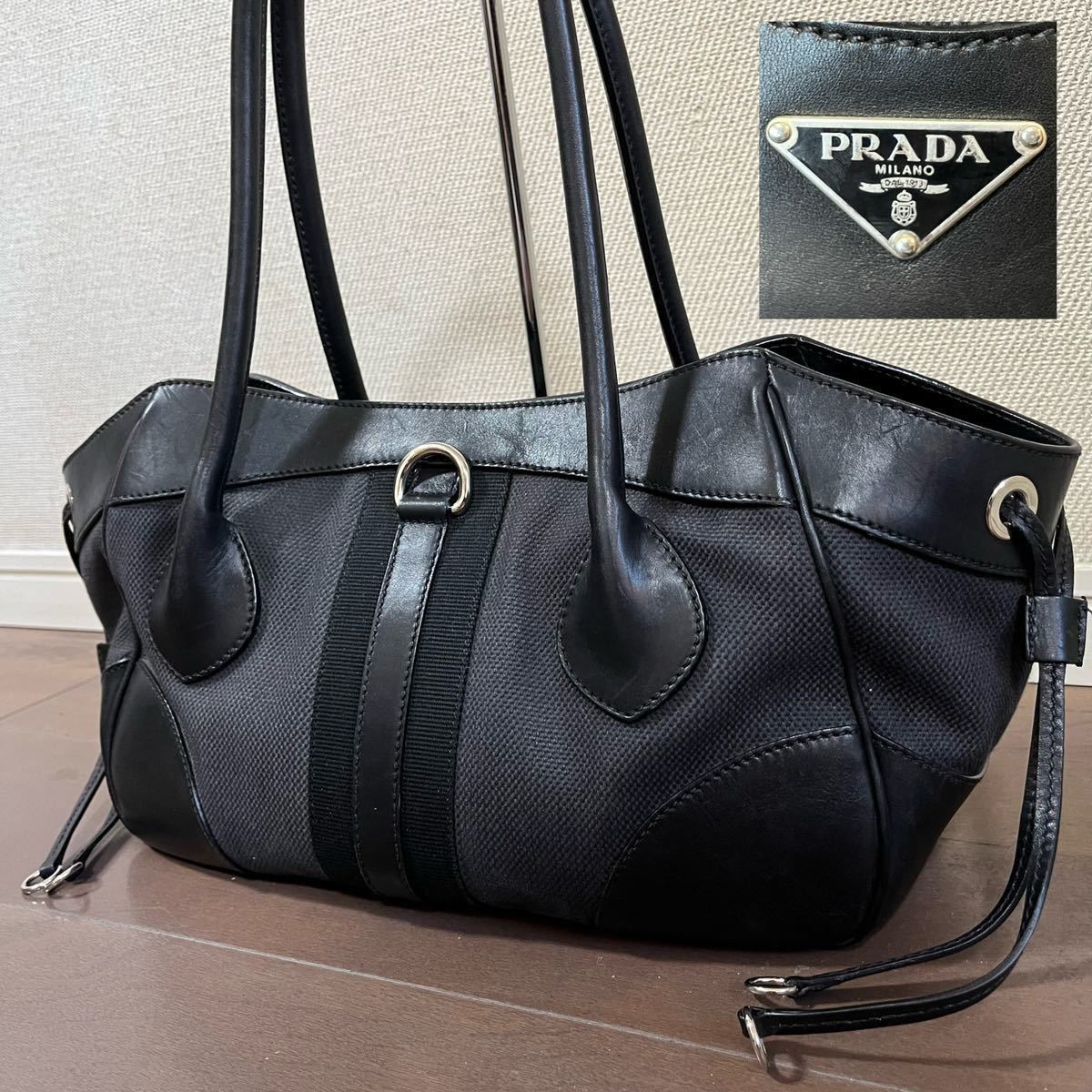 即決 PRADA プラダ トートバッグ 三角プレート キャンバス レザー