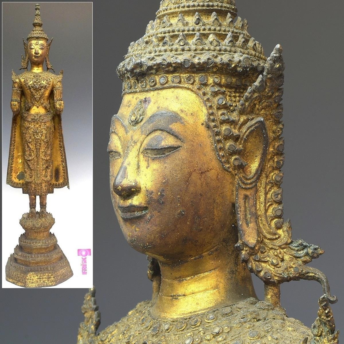 【趣楽】 希少　仏教美術　１８世紀頃　泰国　古銅塗金象嵌仏像　高さ６８ｃｍ　重量８，３ｋｇ　タイ　本物保証　Ｌ１８４１
