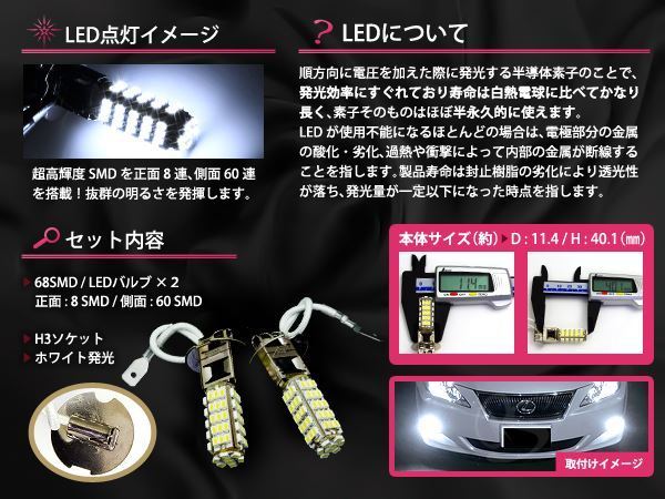 メール便送料無料 LEDフォグランプ セドリック グロリア Y33 LEDバルブ ホワイト 6000K相当 H3 68発 SMD_画像2