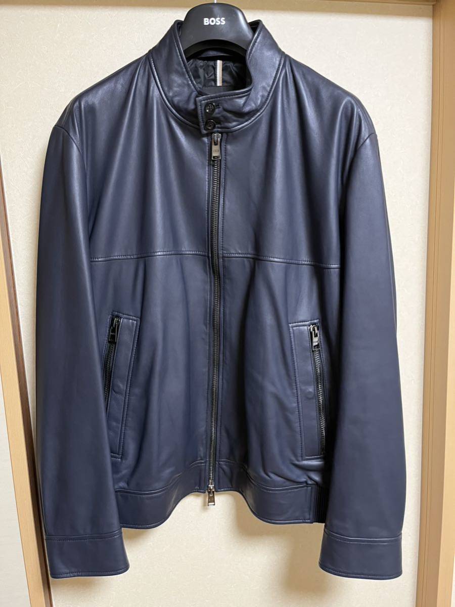 未使用】【送料無料】HUGO BOSS レザー ジャケット サイズ54 ネイビー