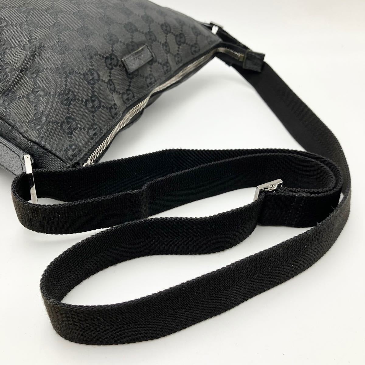 1円【上美品】GUCCI グッチ GGキャンバス レザー ショルダーバッグ ボディバッグ メッセンジャーバッグ 斜め掛け ブラック 黒 メンズ_画像3
