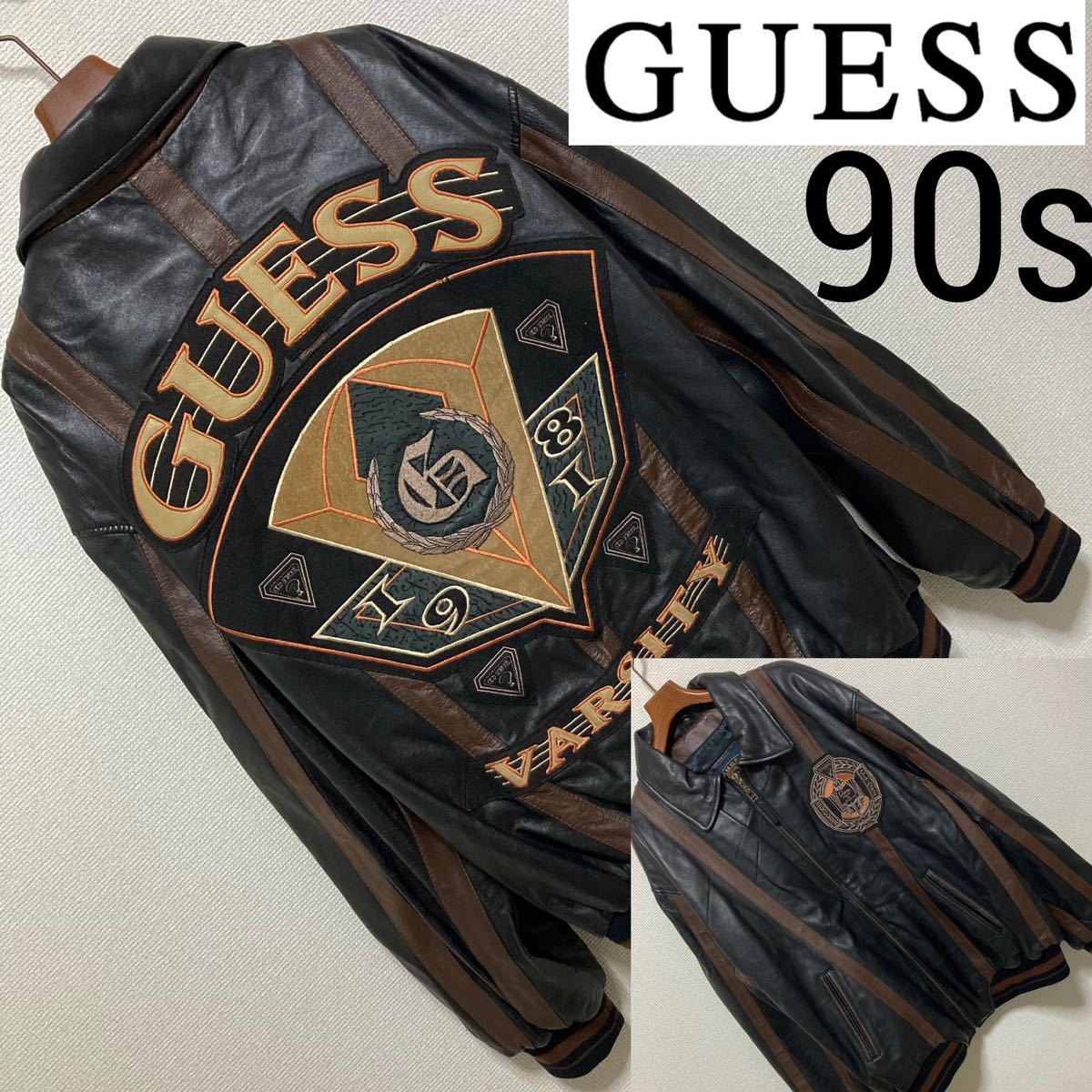 90s Vintage■GUESS ゲス■オーバーサイズ レザージャケット XL 黒 ブラック ブラウン ライン VARSITY デカロゴ 本革 ワッペン オールド