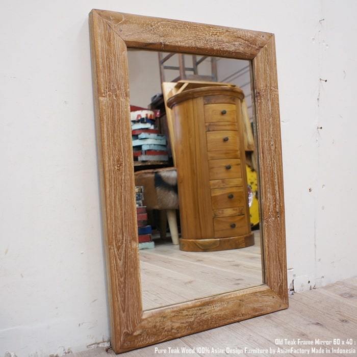 6cmフレーム オールドチーク無垢材 フレームミラー60cm×40cm 壁掛け鏡 木製フレーム 鏡 アジアン家具