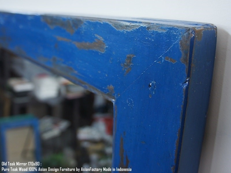 オールドチーク無垢材 姿見鏡 170cm×80cm アンティークブルー 青色 全身ミラー アジアン家具 送料無料_画像4