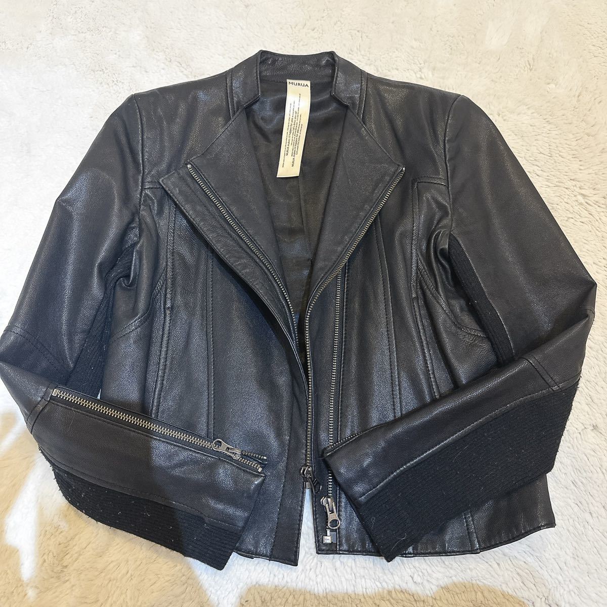 ムルーア MURUA ラムレザー 羊革 ニット切り替えライダースジャケット