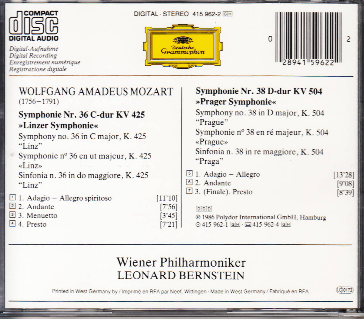 ◆送料無料◆モーツァルト：交響曲第36番「リンツ」、第38番「プラハ」～バーンスタイン、ウィーン・フィル Import v4490_画像2