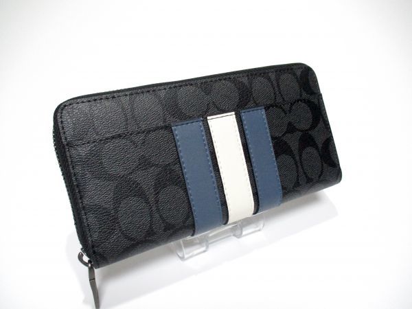 COACH 長財布 新品 未使用 正規品 アラウンド ファスナー メンズ レディース F26070 ストライプ グレー ブラック ブルー