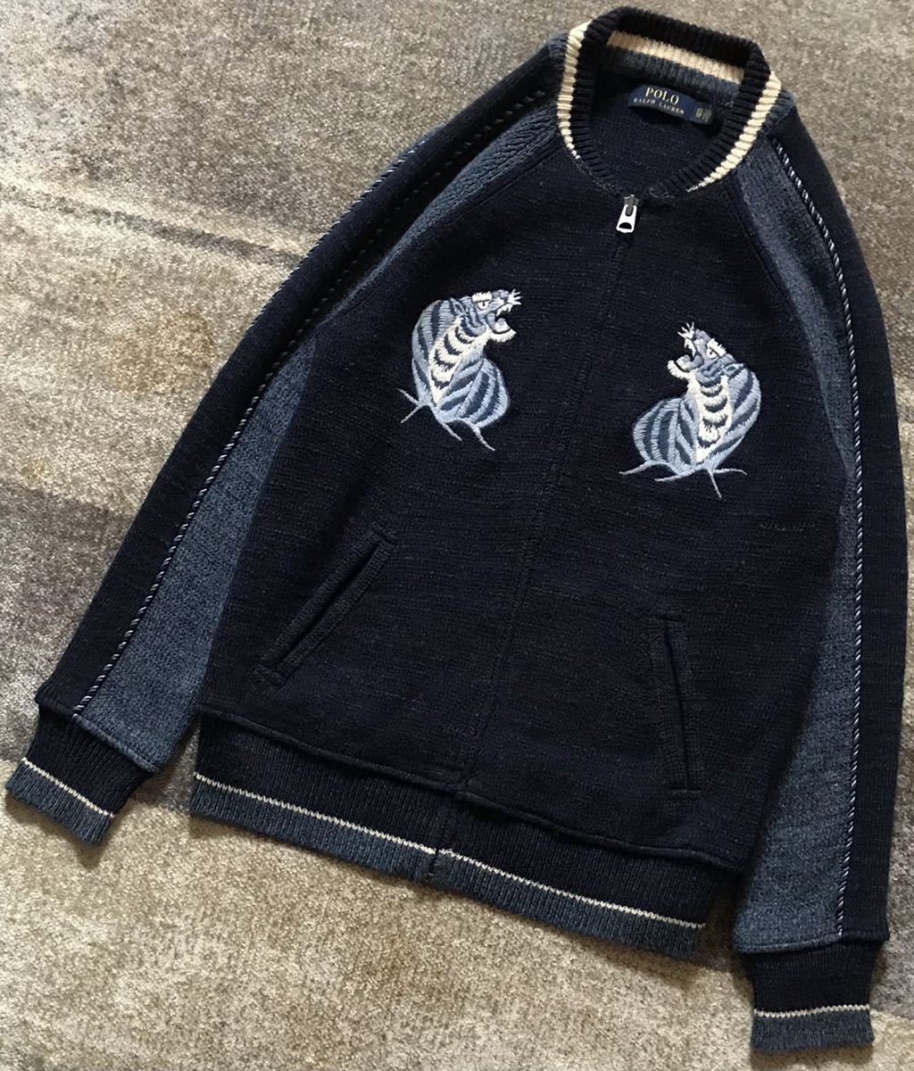 圧巻のスーベニアデザイン&虎刺繍 ★ POLO RALPH LAUREN ★ ラルフローレン 虎 鷲 舟 ハワイ ニット ジャケット ブルゾン カーディガン XS