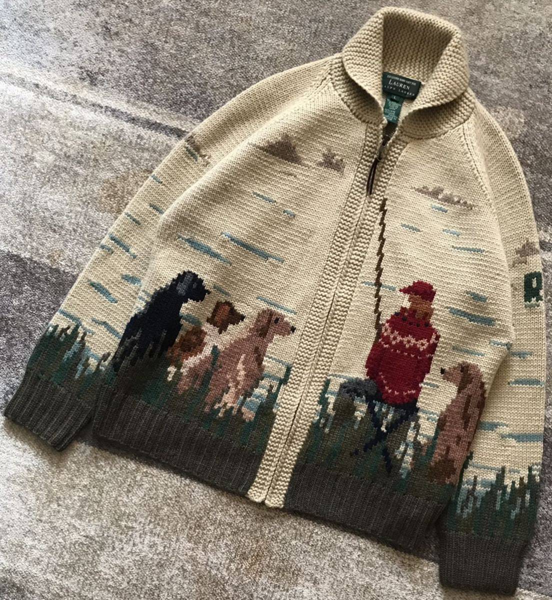 最高傑作 異次元のセンス 別格の風景画 90's vintage ★ LAUREN RALPH LAUREN ★ ワンちゃん 犬柄 釣り柄 カウチン ニット ジャケット L