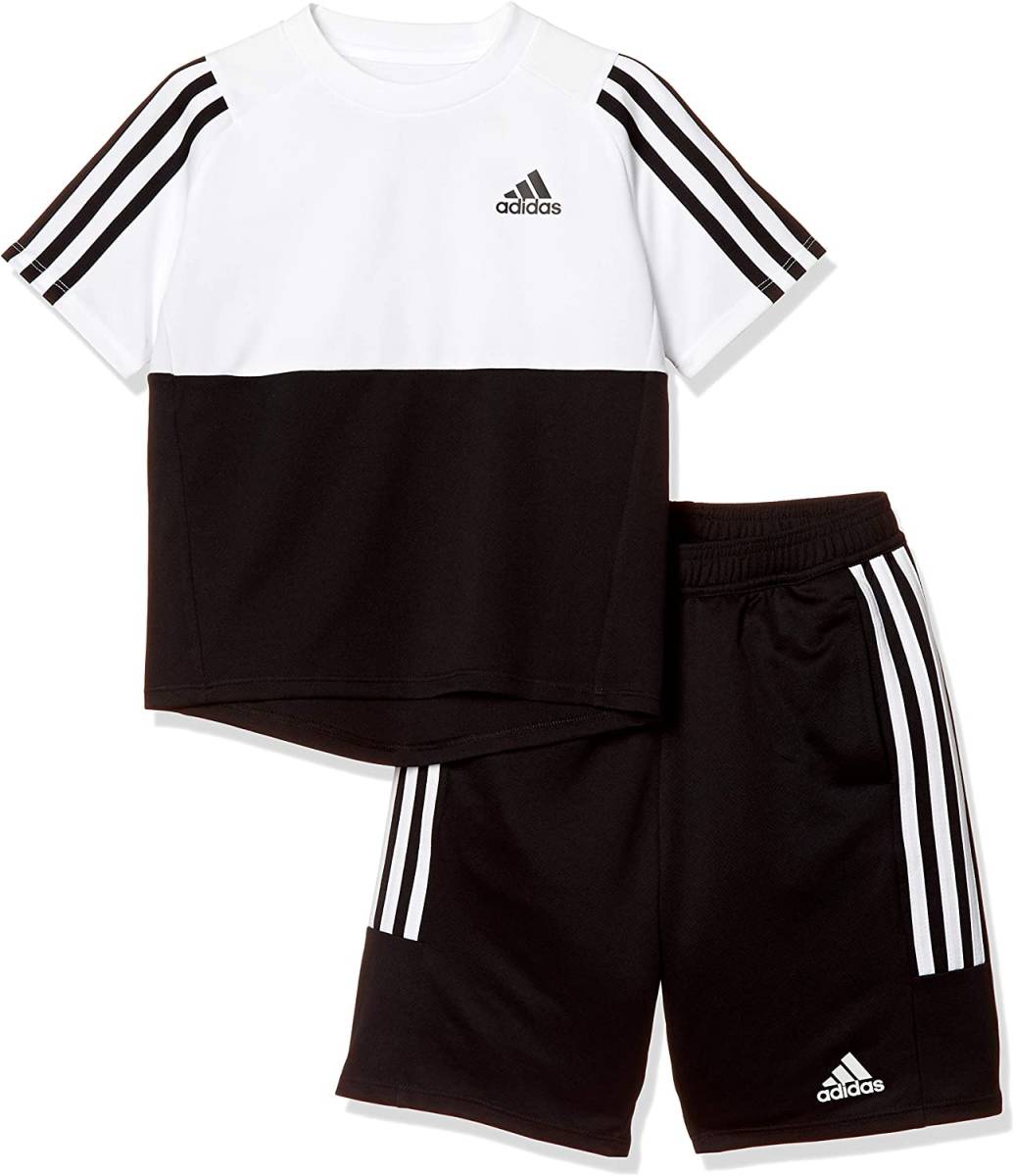 【KCM】Z-adi-92-2s-150★展示品★【adidas】ジュニア 半袖Tシャツ ハーフパンツ 上下セット FTJ70-DU9807 ホワイト/ブラック 150の画像1