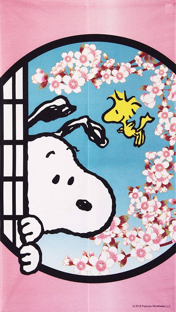 新品　 暖簾　のれん のれん スヌーピー柄 丸窓-桜 85×150cm　日本製 _画像1