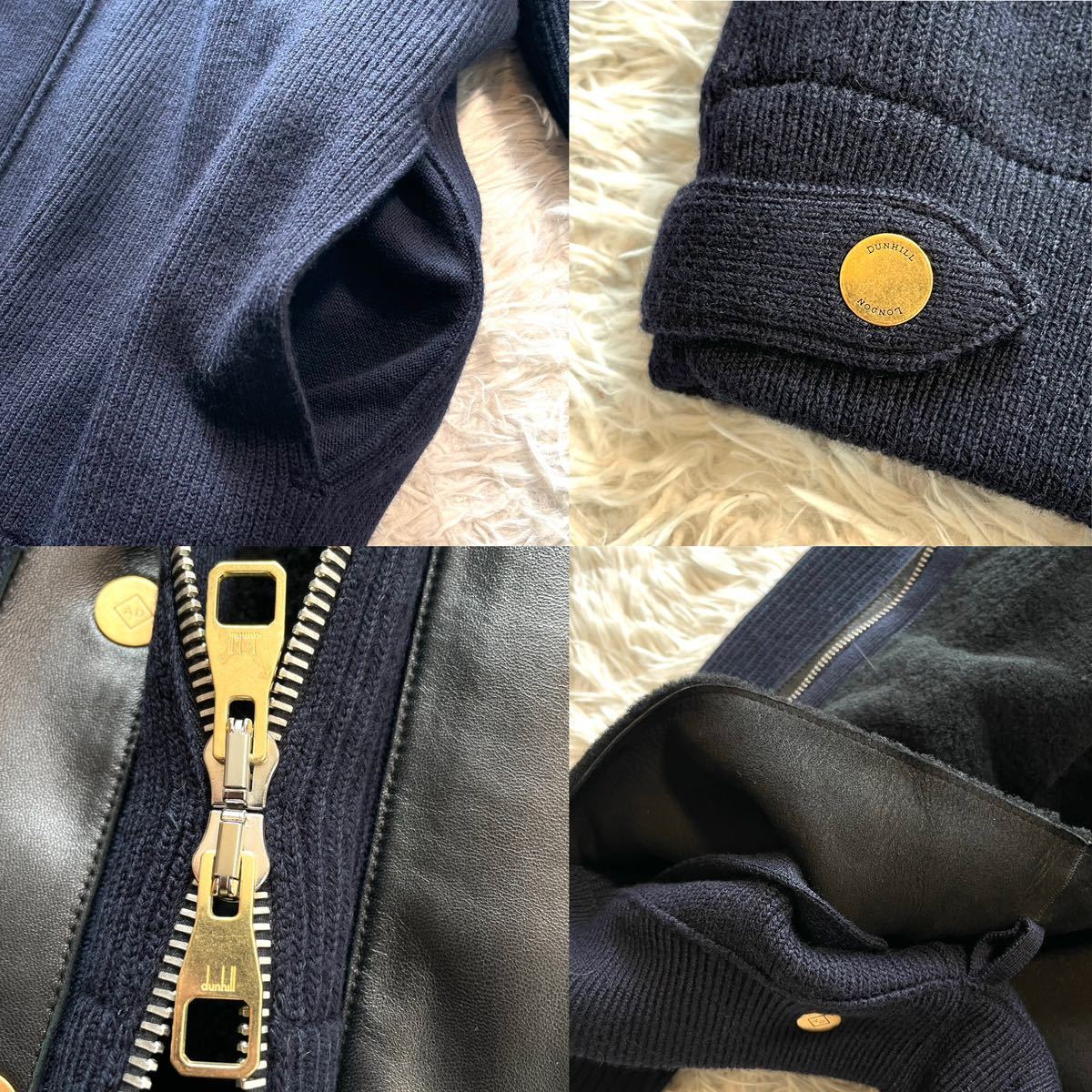最高級 現行 ダンヒル 定価62万【憧れの逸品】Dunhill シアリング ジャケット ブルゾン ムートン ラムレザー 本革 ウール ニット L 紺 冬用_画像9