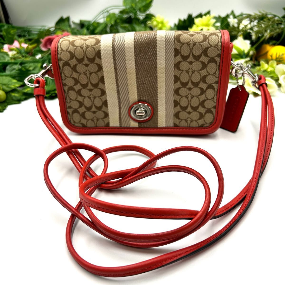 COACH コーチ ショルダーバック ミニシグネッチャー ストライプ 【美品