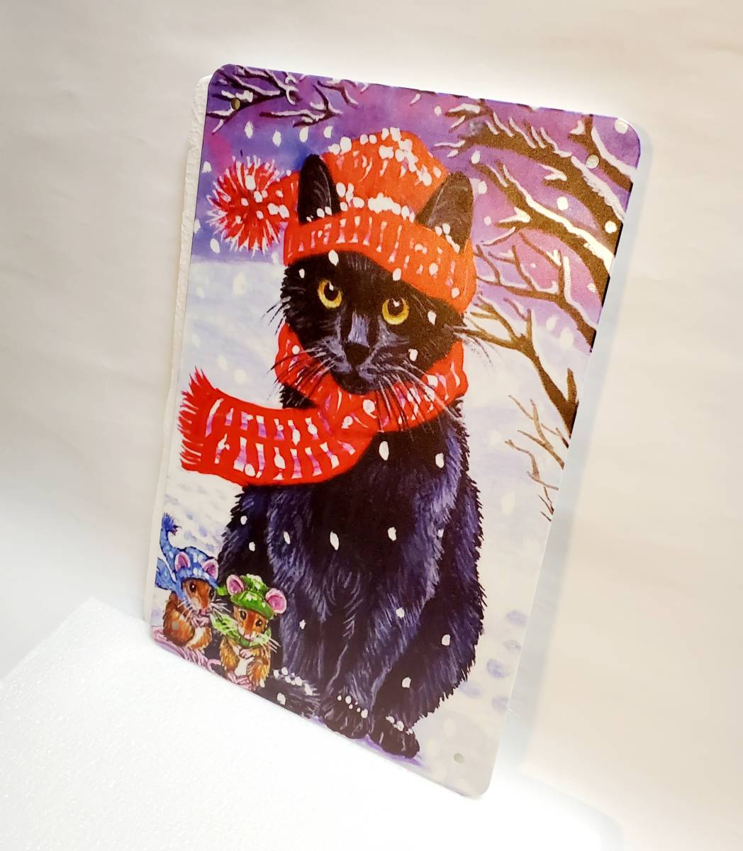 ブリキ看板　HANAKO　レトロ　猫の看板　D6　黒猫　雪景色　冬景色　クリスマス　ウェルカムボード_画像3